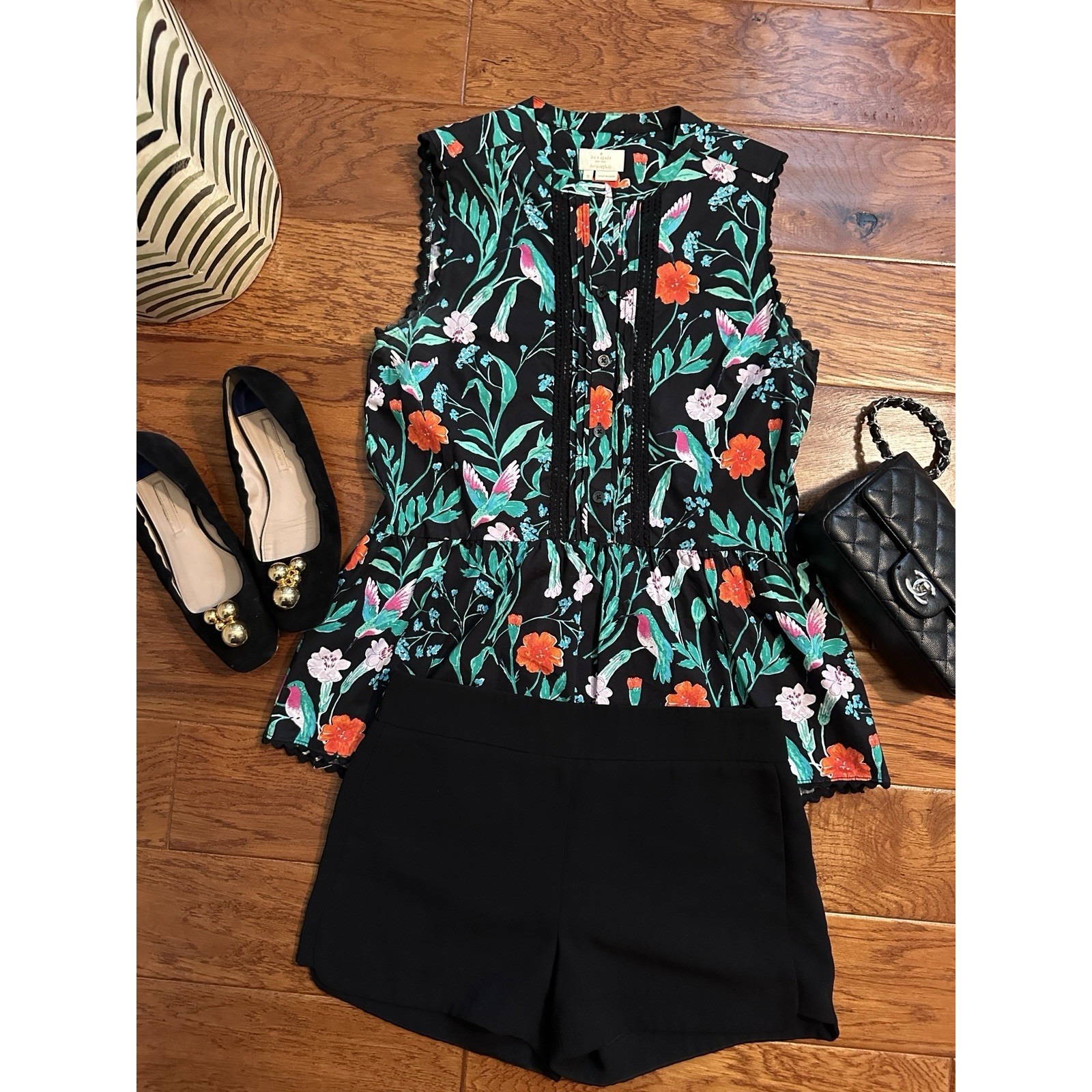 Kate Spade Black Floral Colorful Hummingbird Jardin Poplin Top Xl